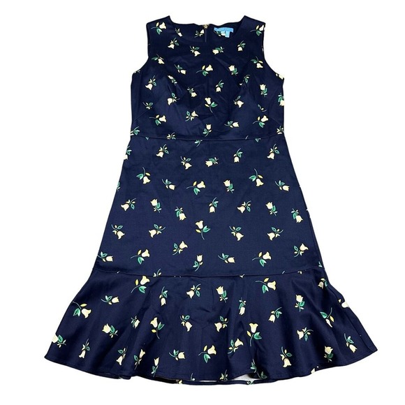 Draper James Navy Lemon Floral Ruffle Hem Fit Flare Dress Size 8 - Picture 2 of 9
